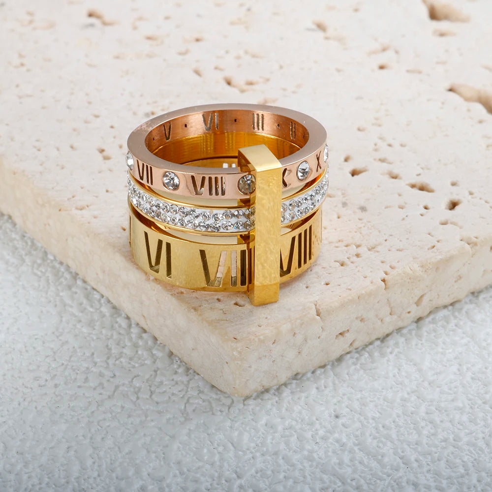 Stainless Steel Rotating Roman Numeral Crystal Ring