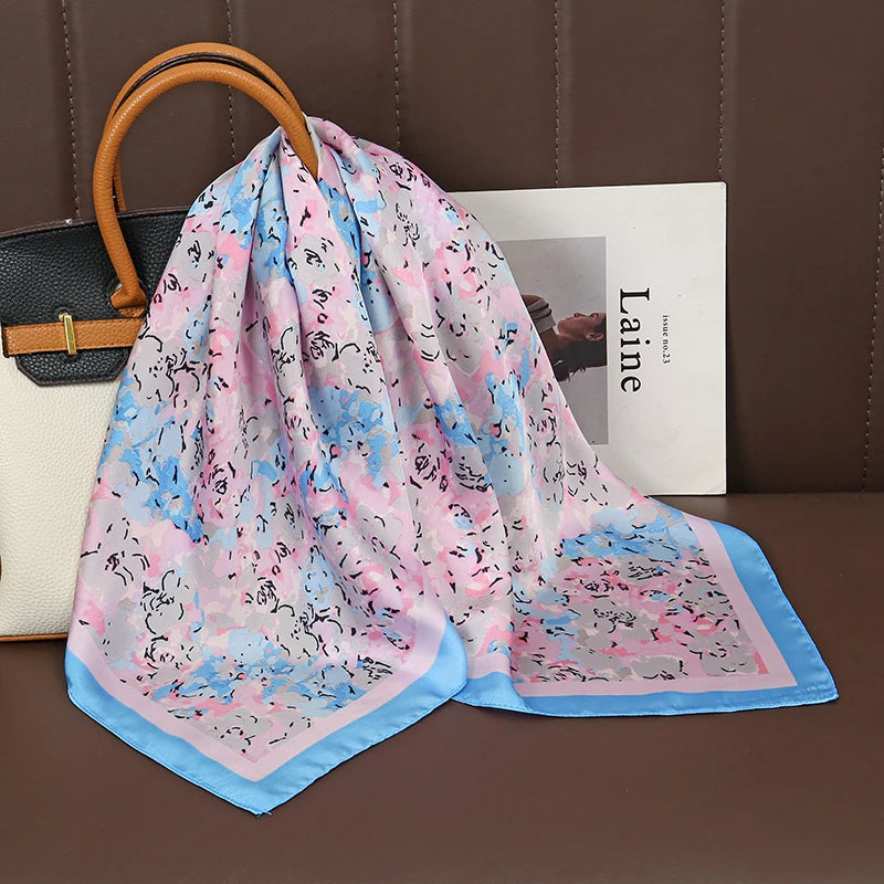 Luxury Satin Silk Square Scarf for Women, Printed Fashion Wrap, Shawl, Neckerchief