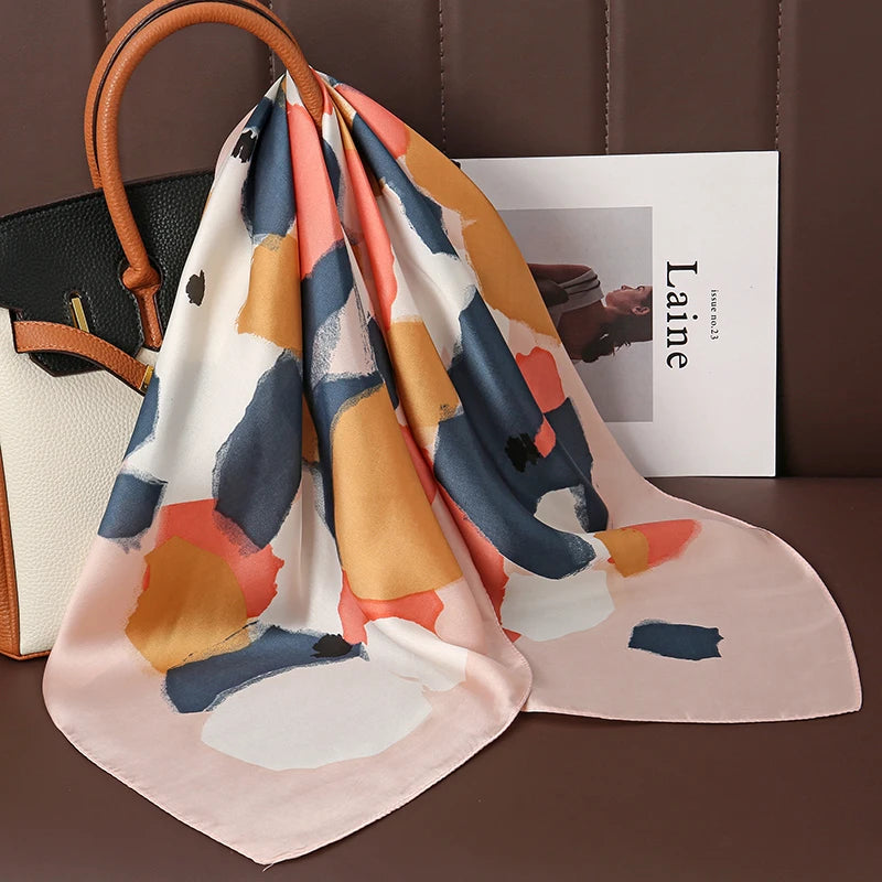 Luxury Satin Silk Square Scarf for Women, Printed Fashion Wrap, Shawl, Neckerchief