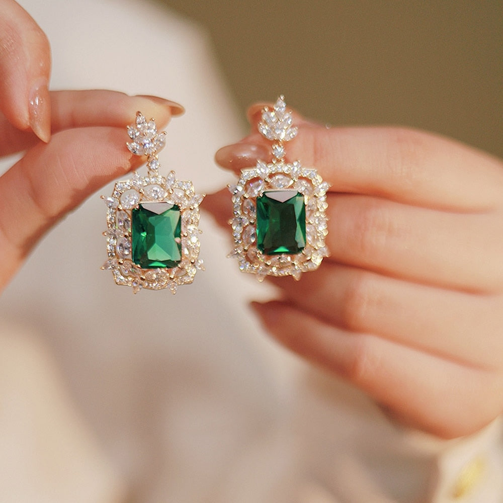 Radiant Green Emerald Geometric Drop Earrings