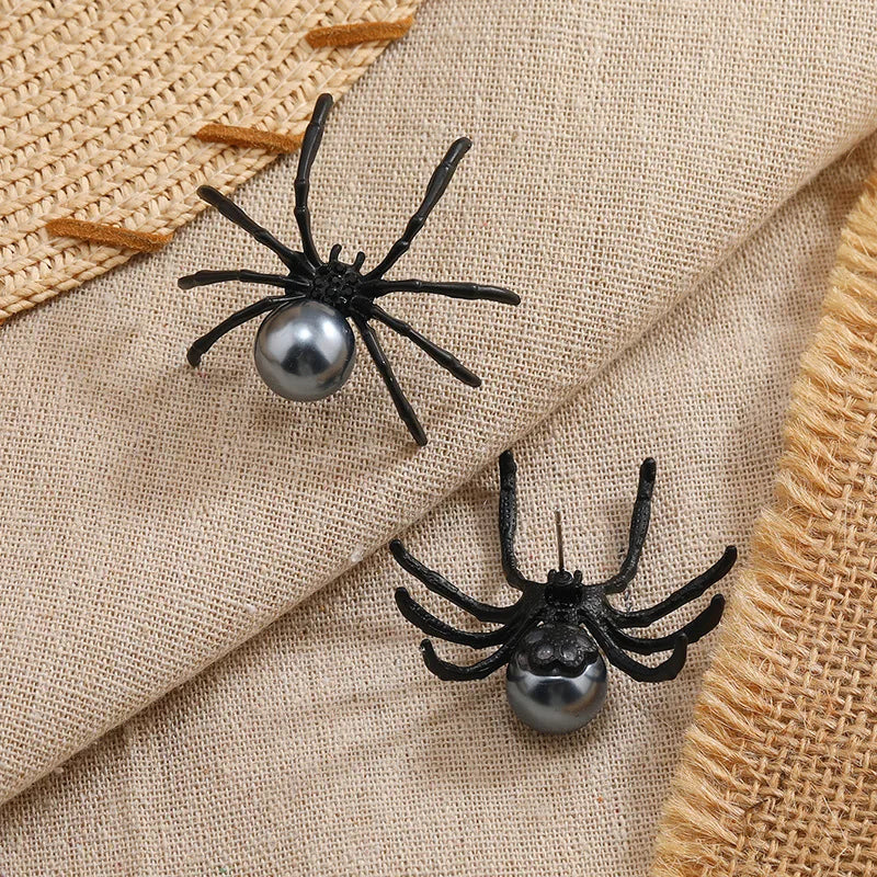 Halloween Gothic Spider-Inspired Black Punk Earrings with Simulated Pearl