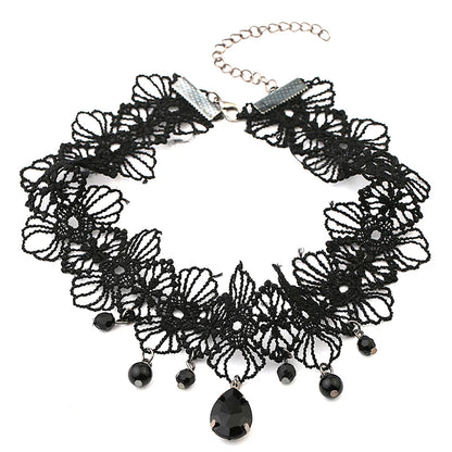 Vintage Gothic Lace Choker, Black Crystal Pendant Charm Choker Necklace