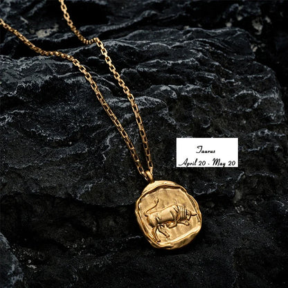 Gold Plated Stainless Steel 12 Zodiac Signs Coin Pendant Necklace