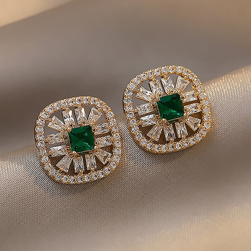 Stunning Green Crystal Square Stud Earrings
