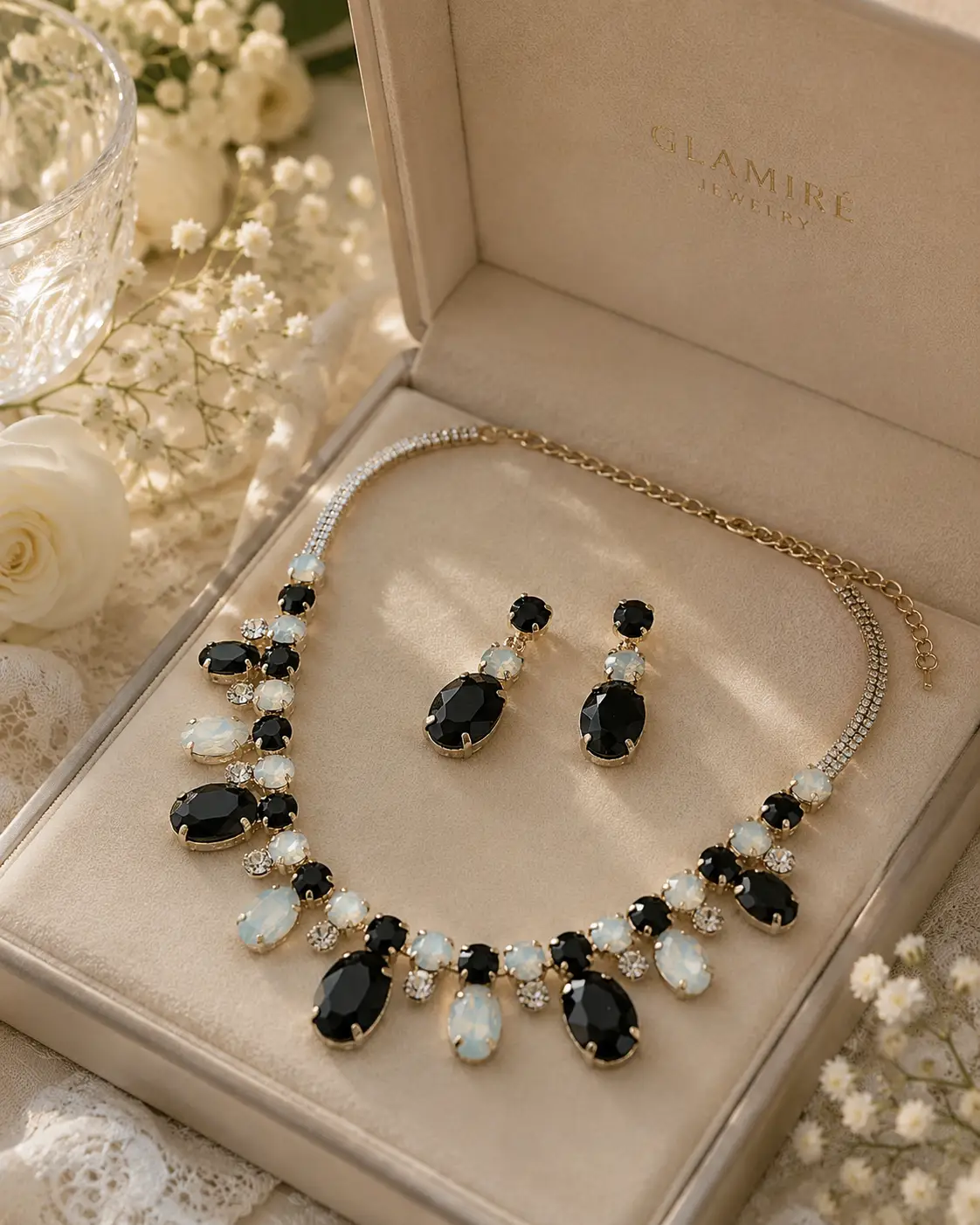 Oval Round Stone Cluster Link Evening Necklace - Jewelry Sets from Glam Duchess