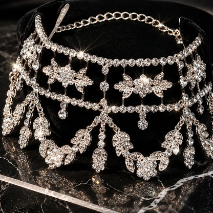 A sparkling silver rhinestone tiara with floral and leaf motifs, displayed on a black velvet stand over a black marble surface.
