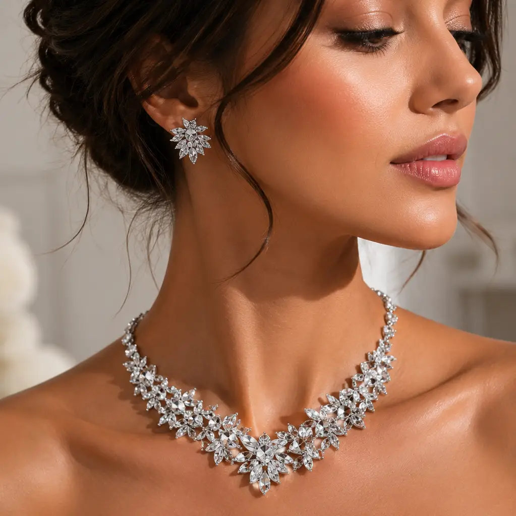 Marquise Stone Cluster Embellished Floral Evening Necklace - Uncategorized from Glam Duchess
