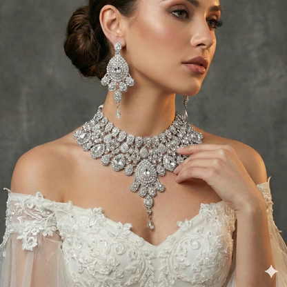 Royal Indian Crystal Wedding Necklace Earrings Tikka Set by Glam Duchess (royal-indian-crystal-wedding-necklace-earrings-tikka-set)
