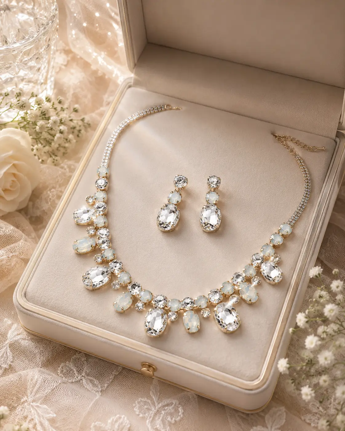 Oval Round Stone Cluster Link Evening Necklace - Jewelry Sets from Glam Duchess