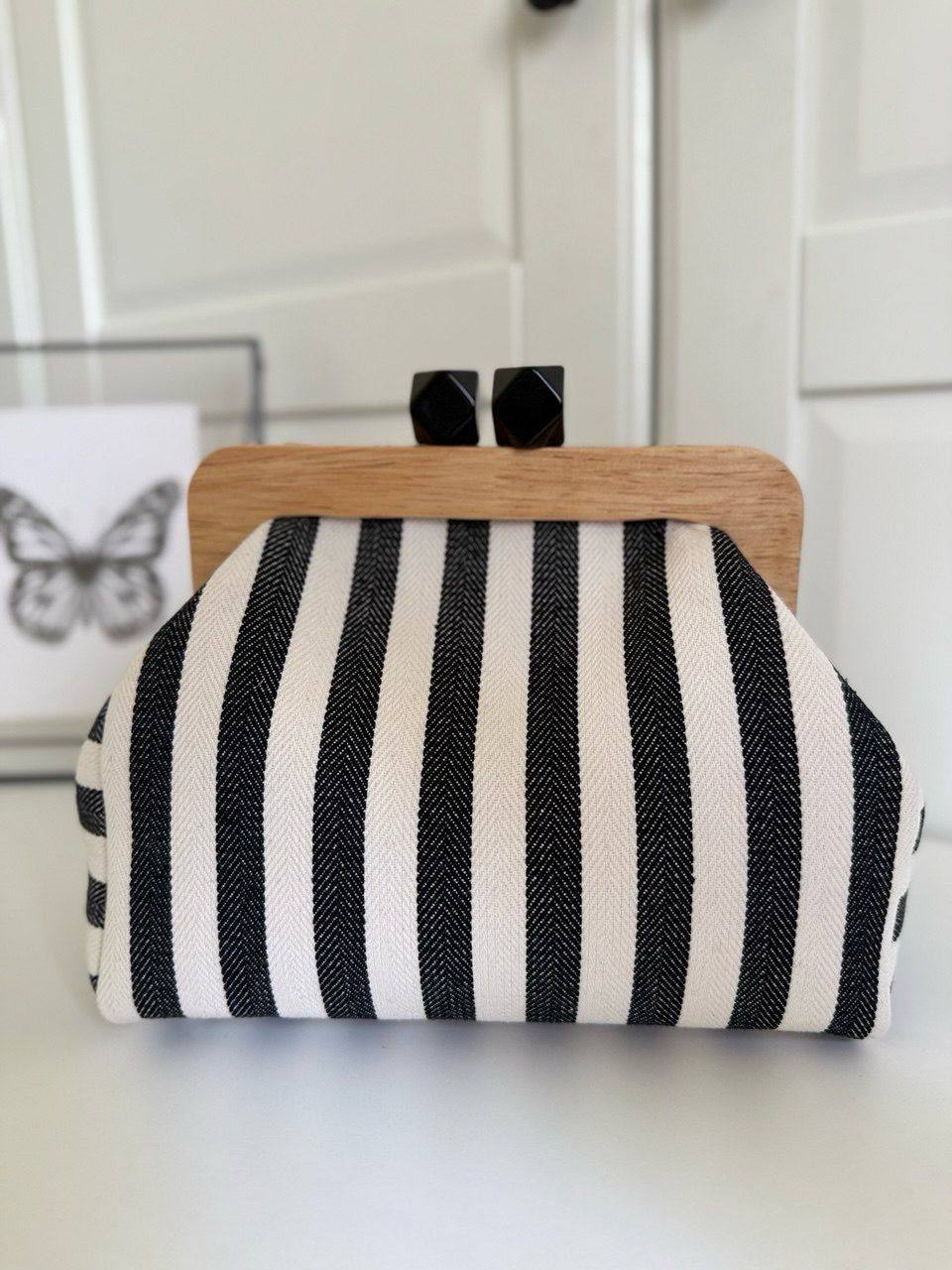 Striped Canvas Clutch with Wooden Frame – Handmade  Purse, Boho Bag, Summer Accessory, Lightweight & Durable