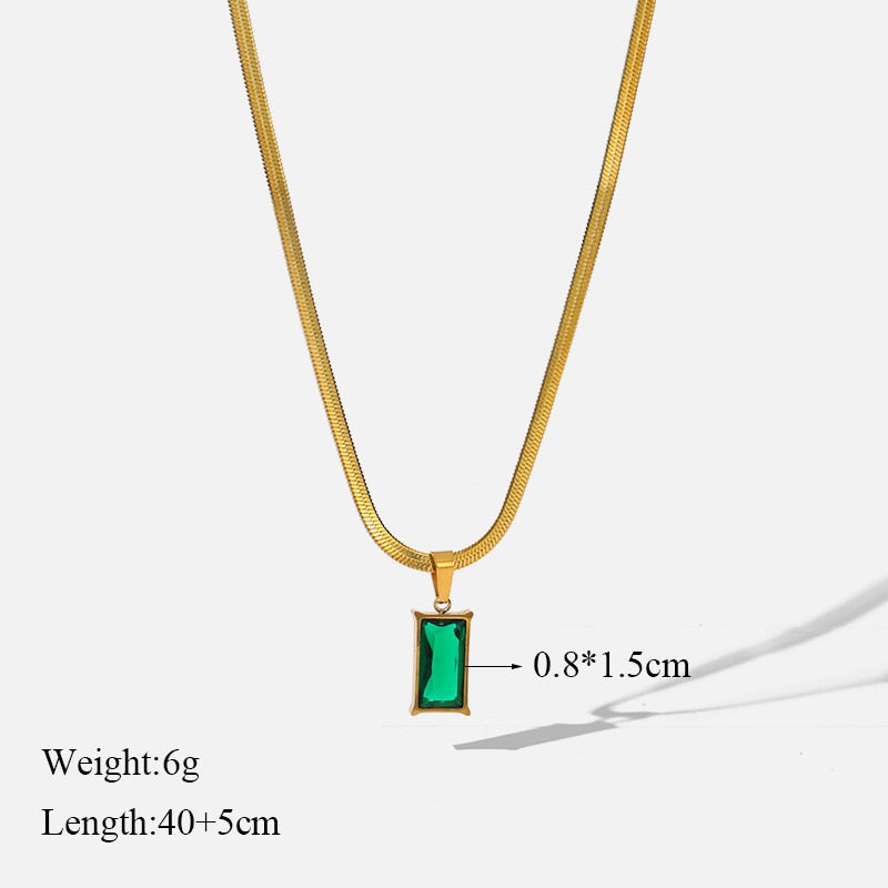 Green Zirconia Stainless Steel Geometric Chain Choker Necklace