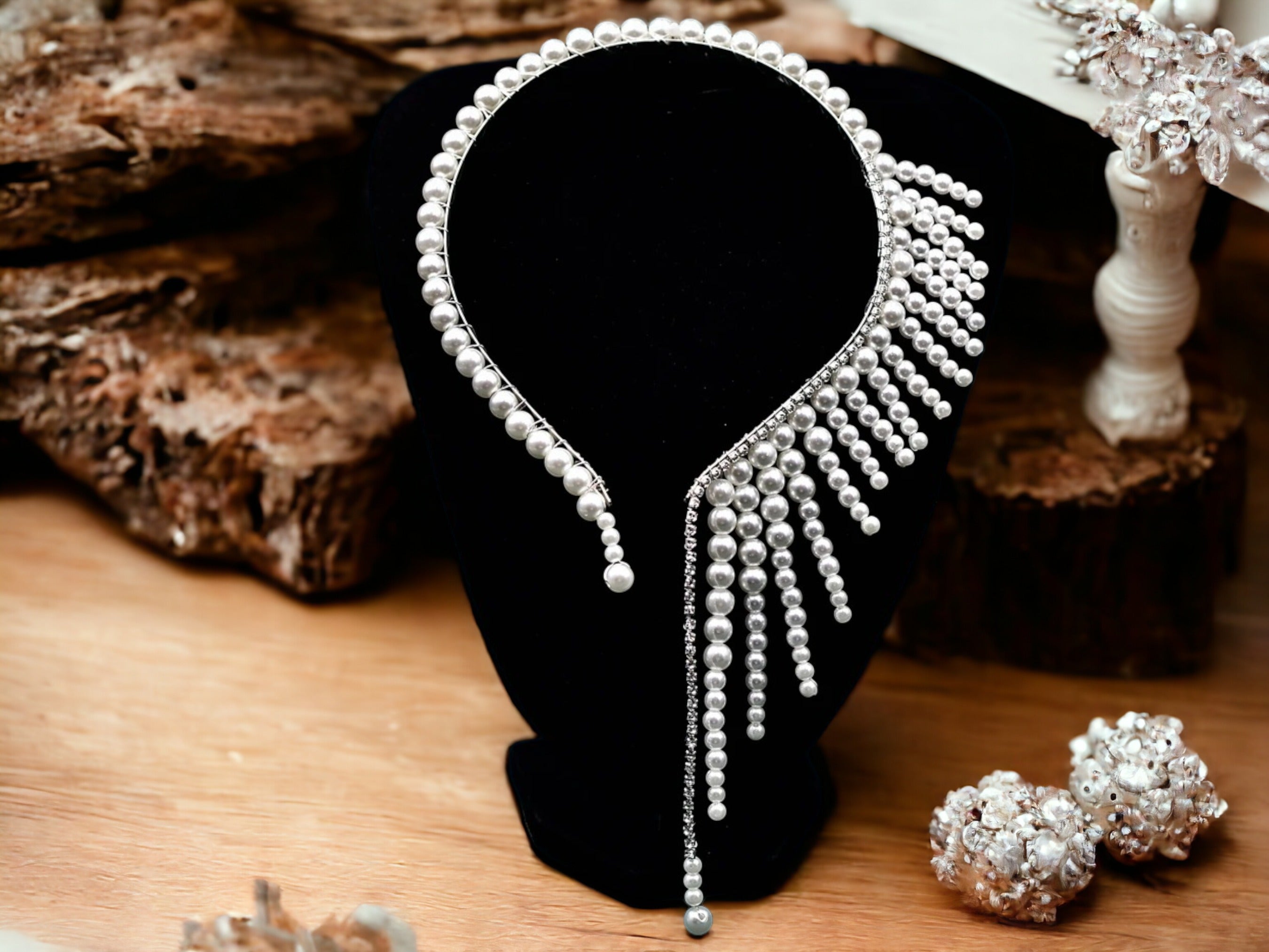 Elegant Pearl Bridal Necklace with Tassel Open Choker Pendant