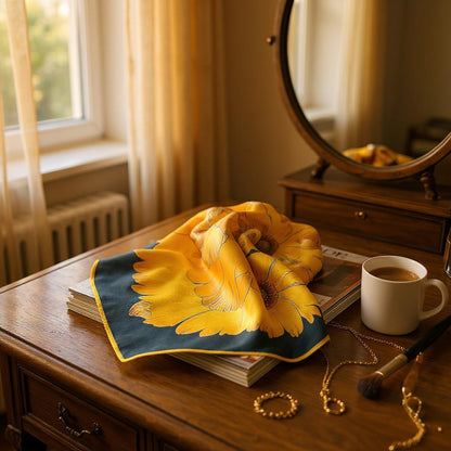 Golden Bloom Luxe Set – Clutch, Silk Scarf & Leaf Earrings by Glam Duchess