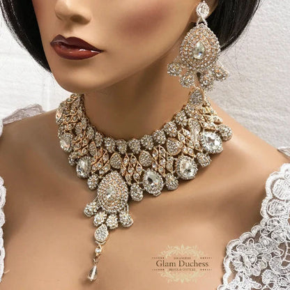 Royal Indian Crystal Wedding Necklace Earrings Tikka Set