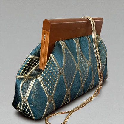 Vintage-Inspired Green Gold Tapestry Clutch Bag with Wooden Frame – Elegant Geometric Evening Purse for Special Occasions