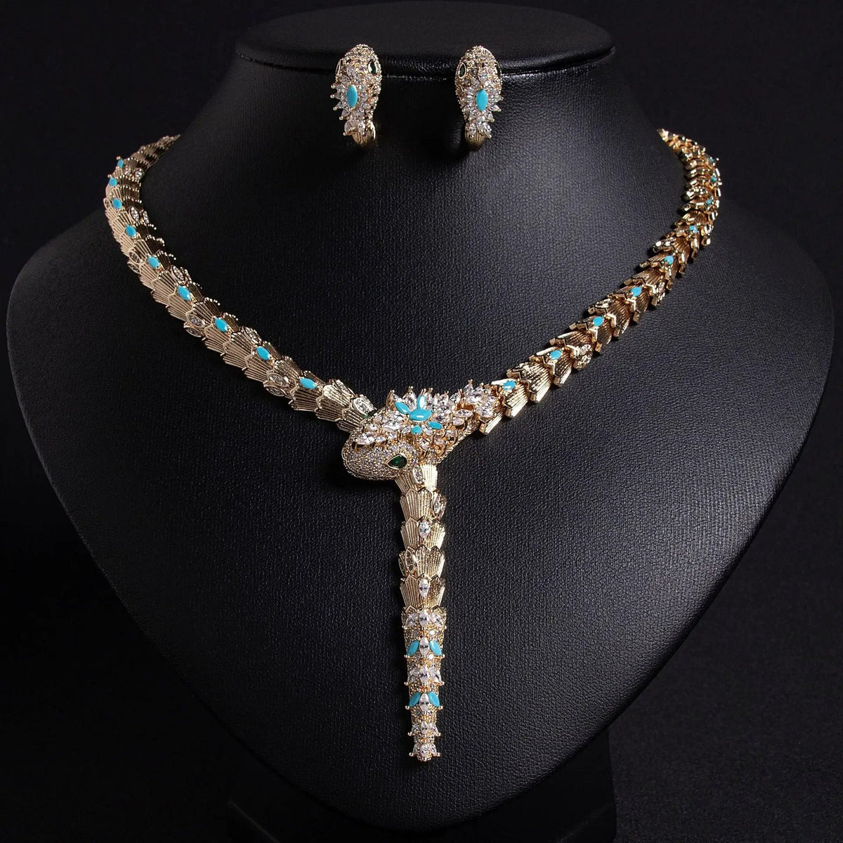 S925 Silver and Zircon Snake-Design Necklace and Earrings Jewelry Set - from Artshiney