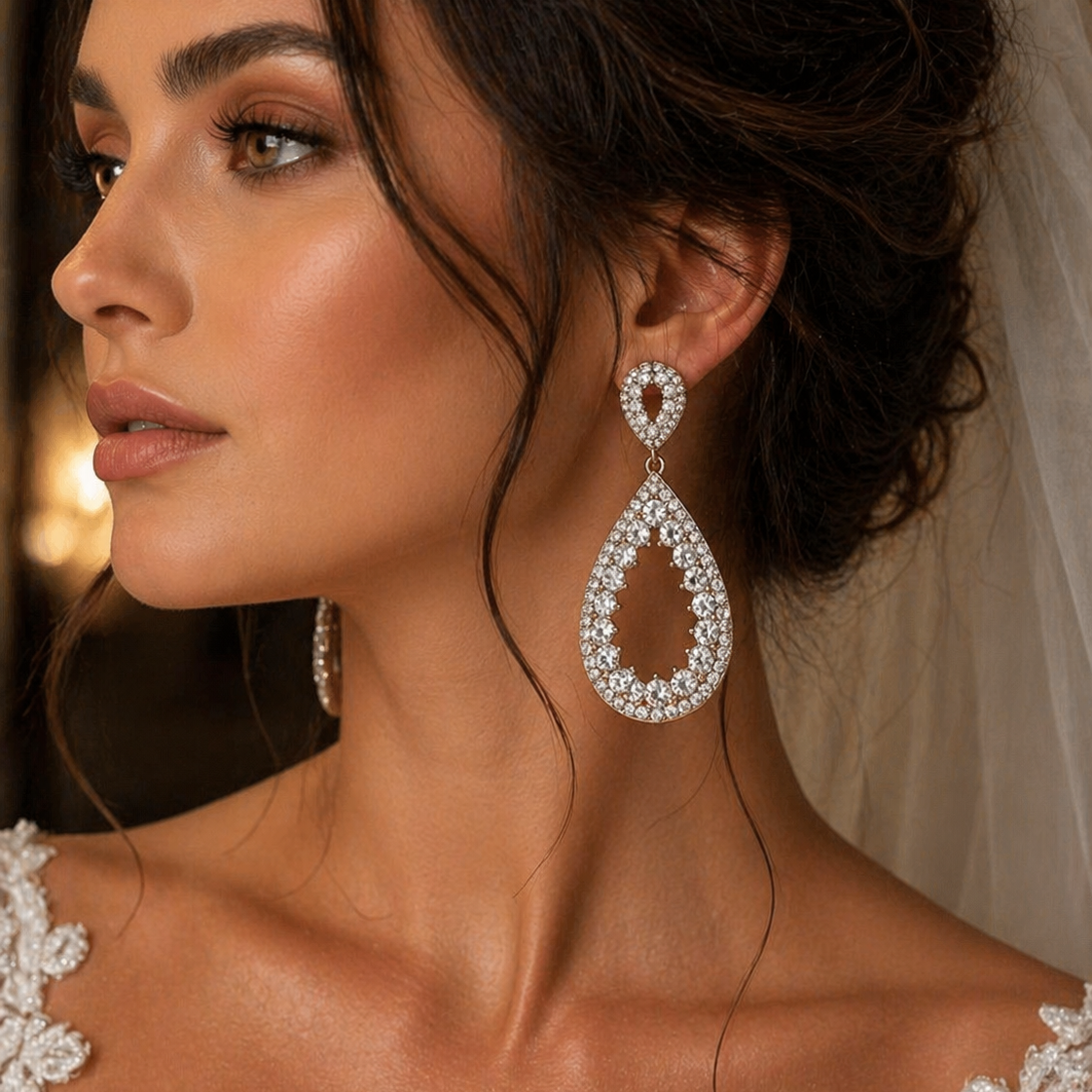 Wedding Hoop Earrings - Bridal Drop Earrings | Rhinestone Pave Teardrop Dangle