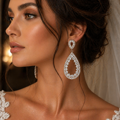 Wedding Hoop Earrings - Bridal Drop Earrings | Rhinestone Pave Teardrop Dangle