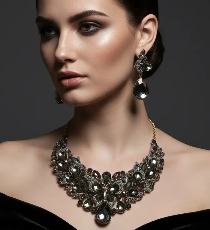 Butterfly Glass Stone Cluster Pointed Teardrop Stone Cluster Evening Necklace by Glam Duchess (butterfly-glass-stone-cluster-pointed-teardrop-stone-cluster-evening-necklace-1)