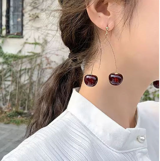 Playful Cherry Drop Earrings – Gold Wire with Glossy Red Cherries