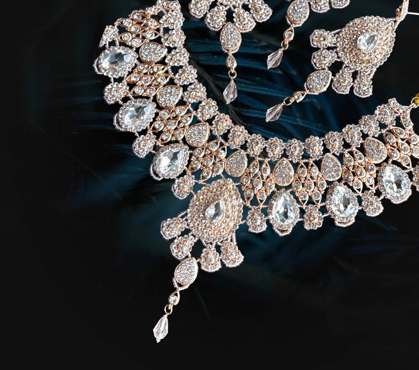 Royal Indian Crystal Wedding Necklace Earrings Tikka Set