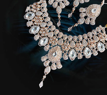 Royal Indian Crystal Wedding Necklace Earrings Tikka Set
