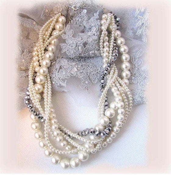 Twisted braided pearl necklace, Wedding jewelry set, bridal jewelry set, bridesmaids jewelry set, bridal earrings, Ivory bridesmaid necklace