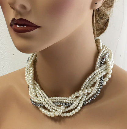 Twisted braided pearl necklace, Wedding jewelry set, bridal jewelry set, bridesmaids jewelry set, bridal earrings, Ivory bridesmaid necklace