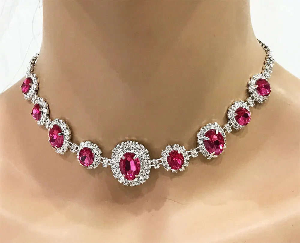 Hot Pink Fuchsia Rhinestone Necklace and Earring Set - Glam Duchess