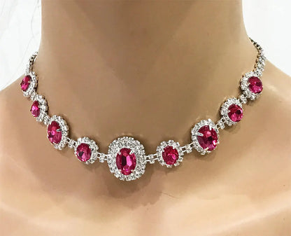 Hot Pink Fuchsia Rhinestone Necklace and Earring Set - Glam Duchess