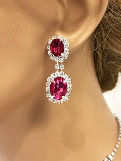 Hot Pink Fuchsia Rhinestone Necklace and Earring Set - Glam Duchess