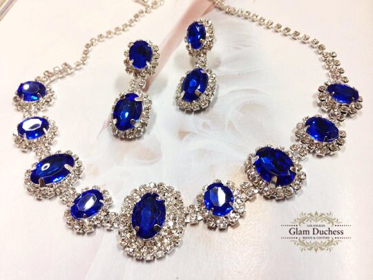 Royal Blue Rhinestone Necklace and Earring Set - Glam Duchess