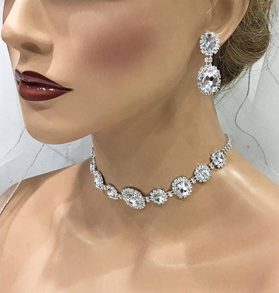 Bridal Jewelry, Bridal Necklace Earring Set, Bridesmaid Jewelry Set, Silver Crystal Choker Necklace, Bridal Choker Prom Jewelry set