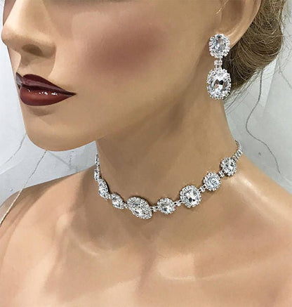 Bridal Jewelry, Bridal Necklace Earring Set, Bridesmaid Jewelry Set, Silver Crystal Choker Necklace, Bridal Choker Prom Jewelry set