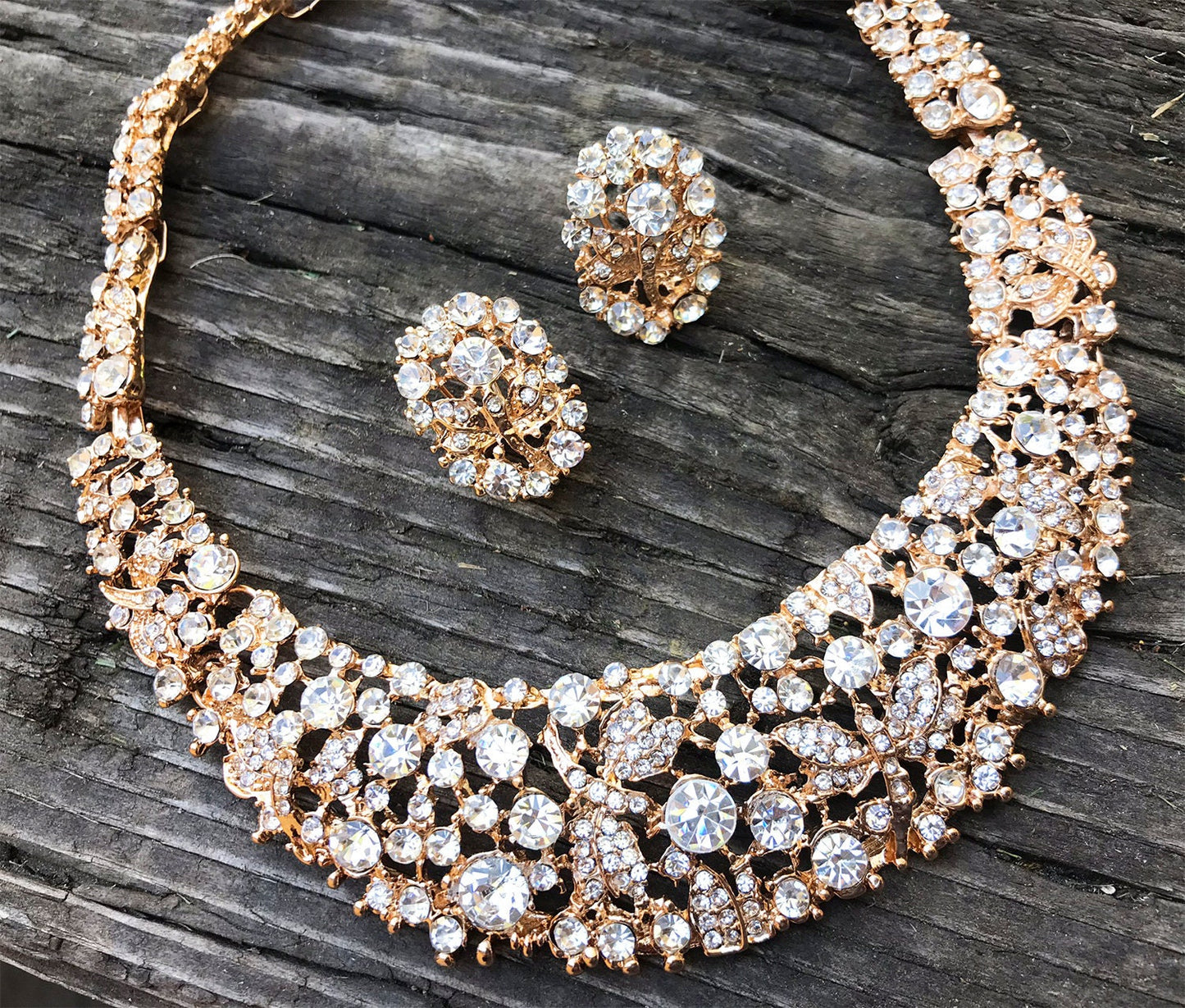 Bridal jewelry set, wedding jewelry, bib necklace earrings bracelet, Chunky rhinestone crystal statement cuff , Gold crystal jewelry set