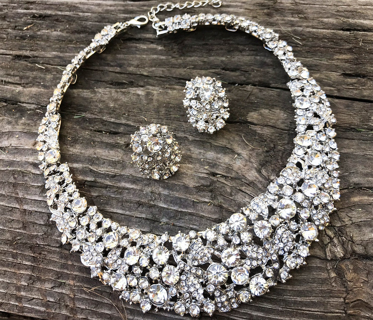 Bridal jewelry set, wedding jewelry, bib necklace earrings bracelet, Chunky rhinestone crystal statement cuff , Gold crystal jewelry set