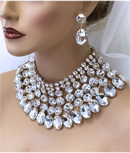 Bridal Jewelry Set, Bridal Shoulder Jewelry Necklace Earrings, Ballroom Jewelry,Wedding Jewelry, Gold Chunky Crystal Bib Necklace Statement