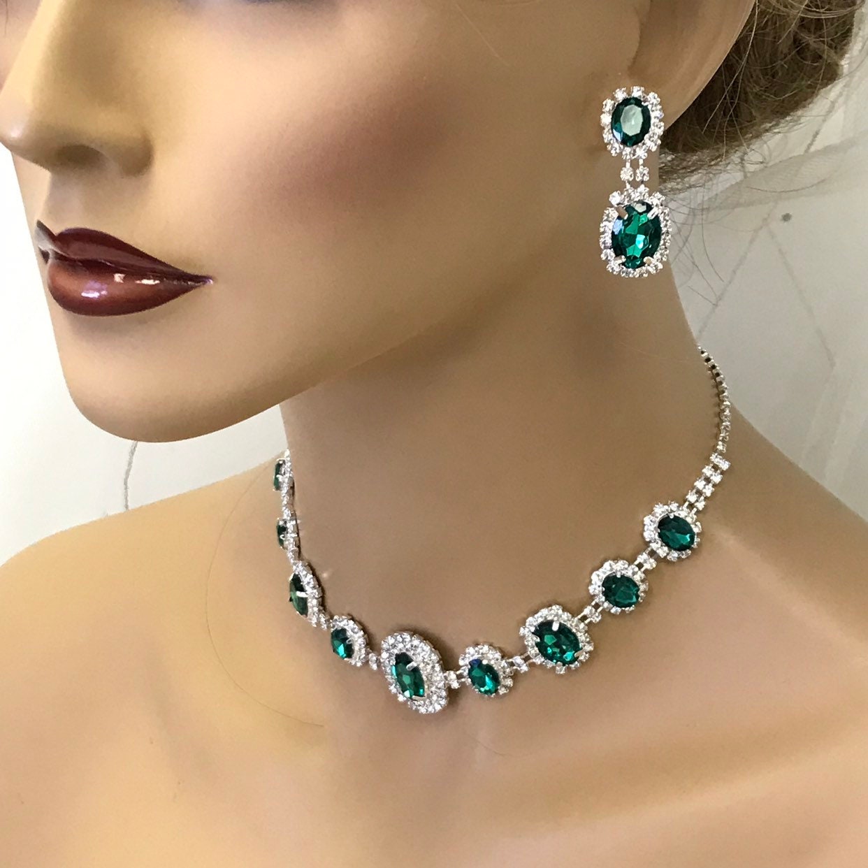 Bridal Jewelry Set, Emerald Green Necklace Earrings, Prom Jewelry Set, Wedding Jewelry, Bridesmaid Necklace Earrings,  Birthday Gift