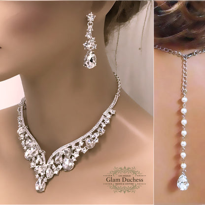 Bridal Jewelry, Bridal V Shape Necklace Earrings, Prom Jewelry Set, Mother of the Bride Victorian Teardrop Crystal Necklace Earrings set