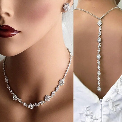 Bridal Jewelry Set, Bridesmaid Jewelry Set, Bridal Choker Necklace, Silver Plated Leaf Flower Crystal Backdrop Necklace Set, Prom Jewelry