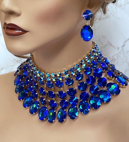 Bridal Jewelry Set, AB Sapphire Blue Bib Necklace Earrings, Royal Blue Wedding Jewelry, Ballroom Jewelry Set, Special Occasion Jewelry Set