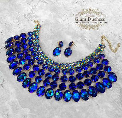 Bridal Jewelry Set, AB Sapphire Blue Bib Necklace Earrings, Royal Blue Wedding Jewelry, Ballroom Jewelry Set, Special Occasion Jewelry Set