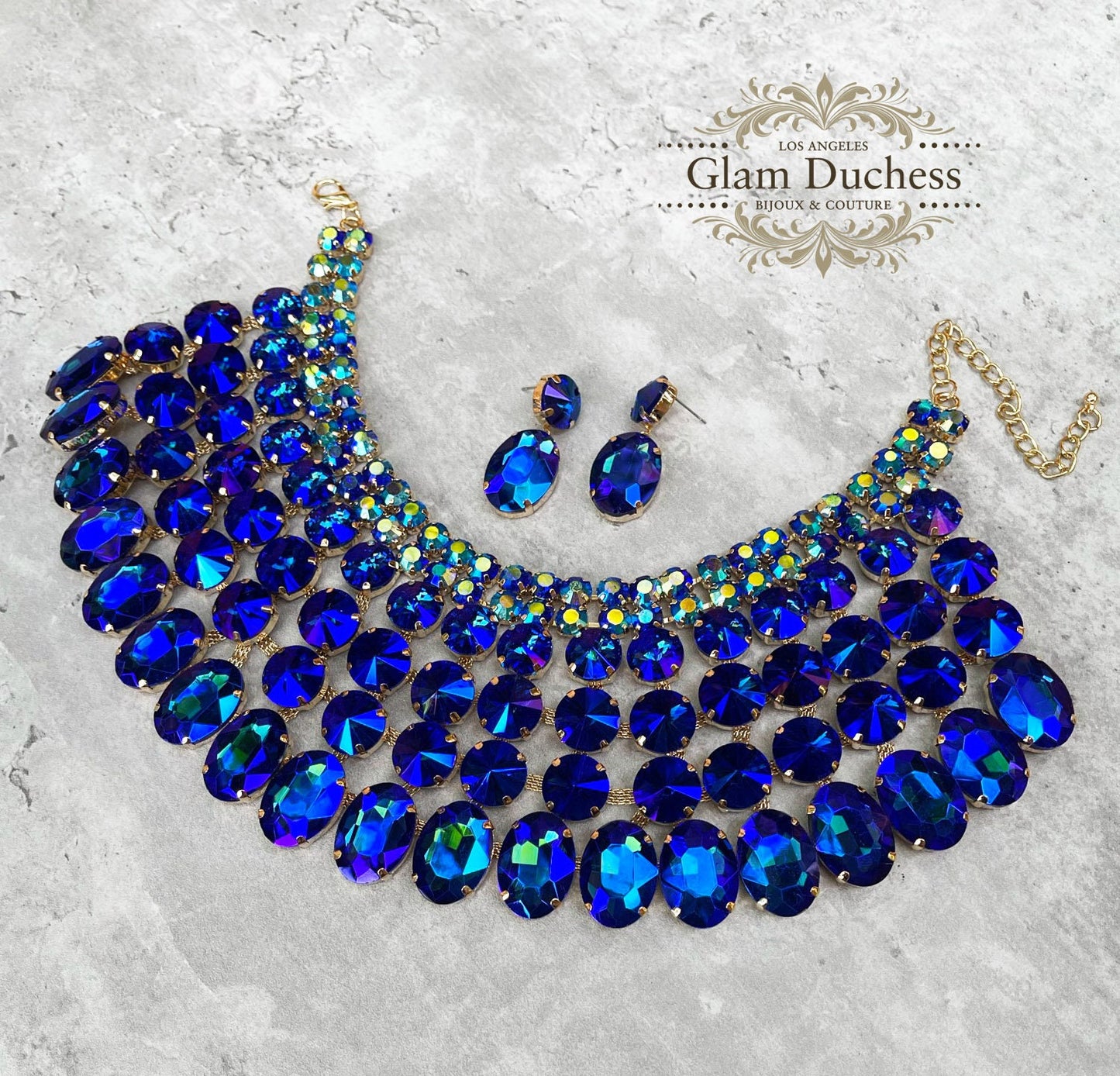 wedding Jewelry Set, Royal Blue Bib Necklace Earrings, Unique Hollywood Style Ballroom Jewelry Set, Special Occasion Fashion Jewelry