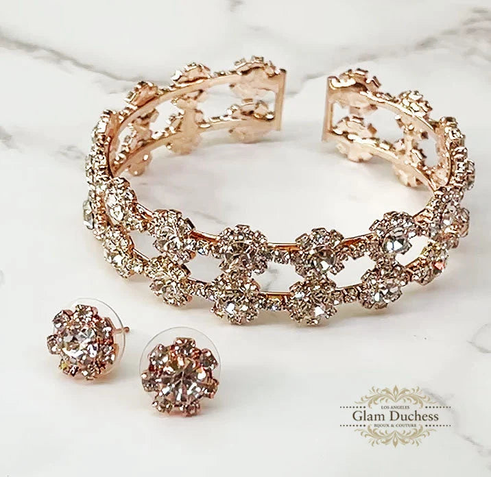 Crystal Flower Bracelet & Stud Earrings Set – Elegant Bridal & Evening Jewelry - Glam Duchess