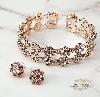 Crystal Flower Bracelet & Stud Earrings Set – Elegant Bridal & Evening Jewelry - Glam Duchess