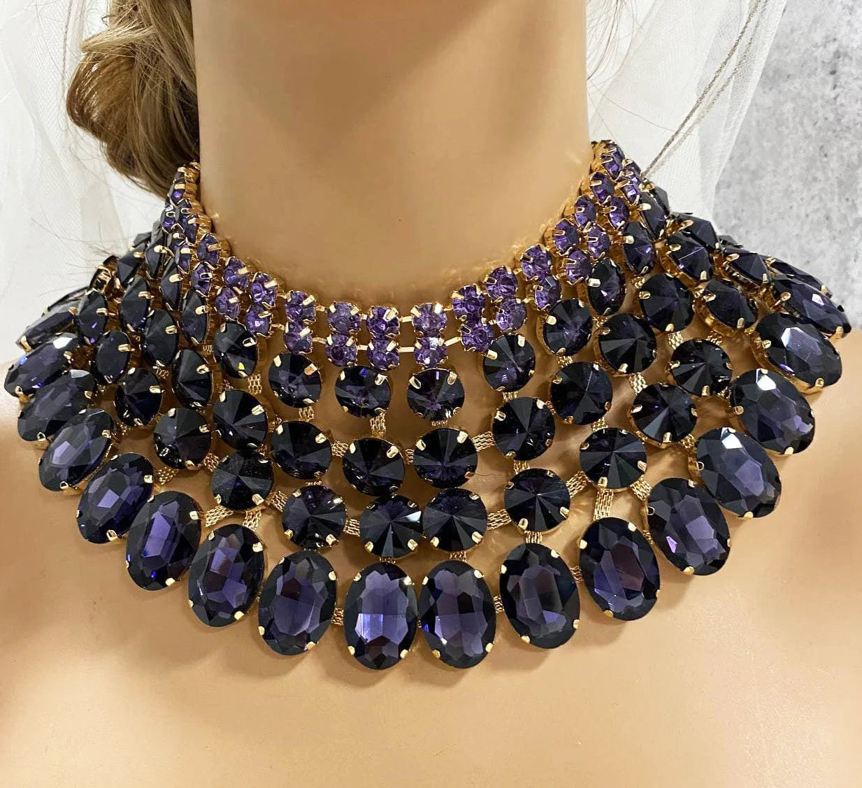 Chunky Purple Crystal Bib Necklace Statement Earrings Wedding Jewelry Set - Glam Duchess