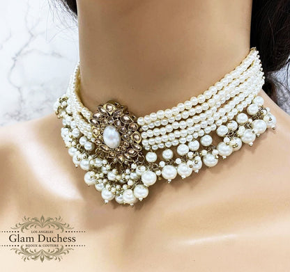 Bridal Jewelry Set, Victorian Pearl Choker Necklace Earrings, Indian Bridal Jewelry Set, Kundan Jewelry, Ivory Pearl Choker statement Set