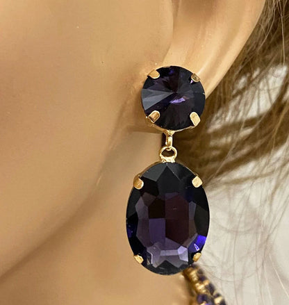 Chunky Purple Crystal Bib Necklace Statement Earrings Wedding Jewelry Set - Glam Duchess