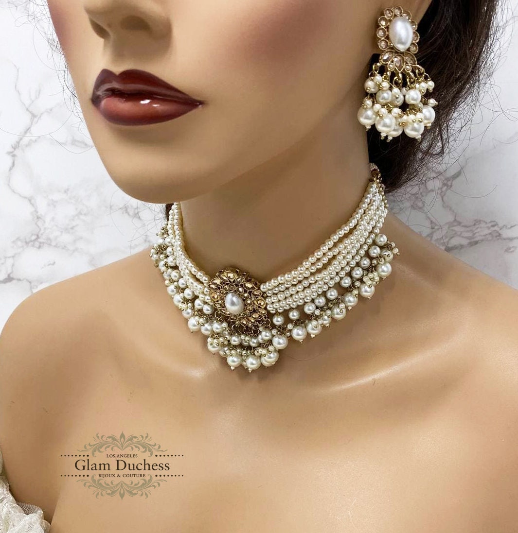 Bridal Jewelry Set, Victorian Pearl Choker Necklace Earrings, Indian Bridal Jewelry Set, Kundan Jewelry, Ivory Pearl Choker statement Set