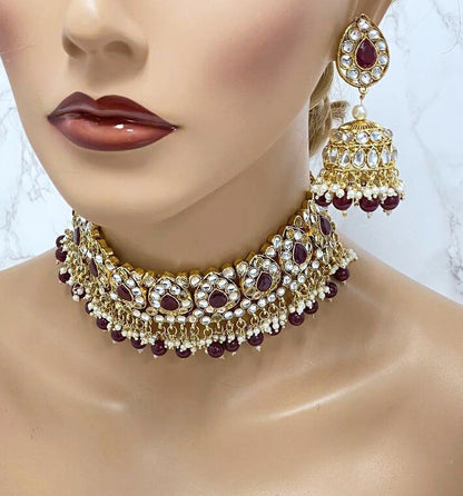 Bridal Ruby Red Choker Kundan Jewelry Set, Red Indian Jewelry Set, Red Hindi Jewelry Set, Bollywood Jewelry Set, Bridal Necklace Earring